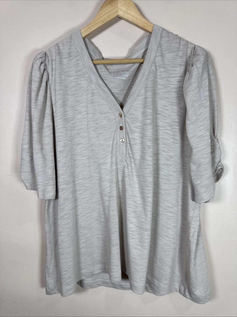 Chicos Womens Plus Size Top Henley Puff Sleeve Cotton Modal Classic XXL Coastal